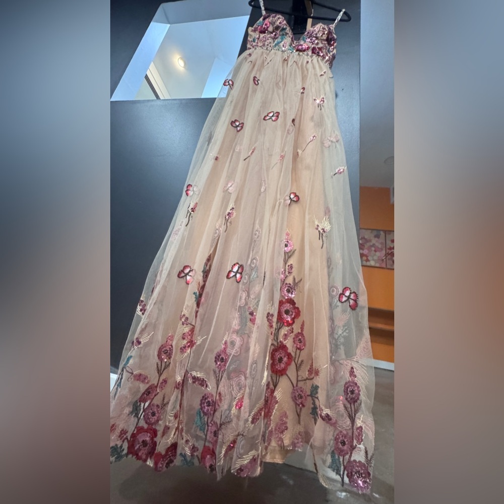 Mac Duggal Nude/Multi Embellished Floral Detail A Line Gown